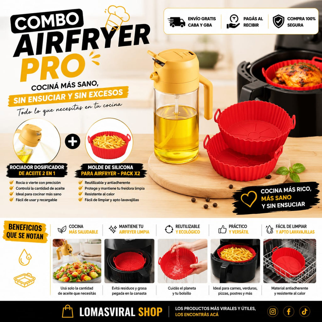 🥗 Combo Cocina Saludable: Rociador de Aceite 2 en 1 + Moldes Airfryer x2