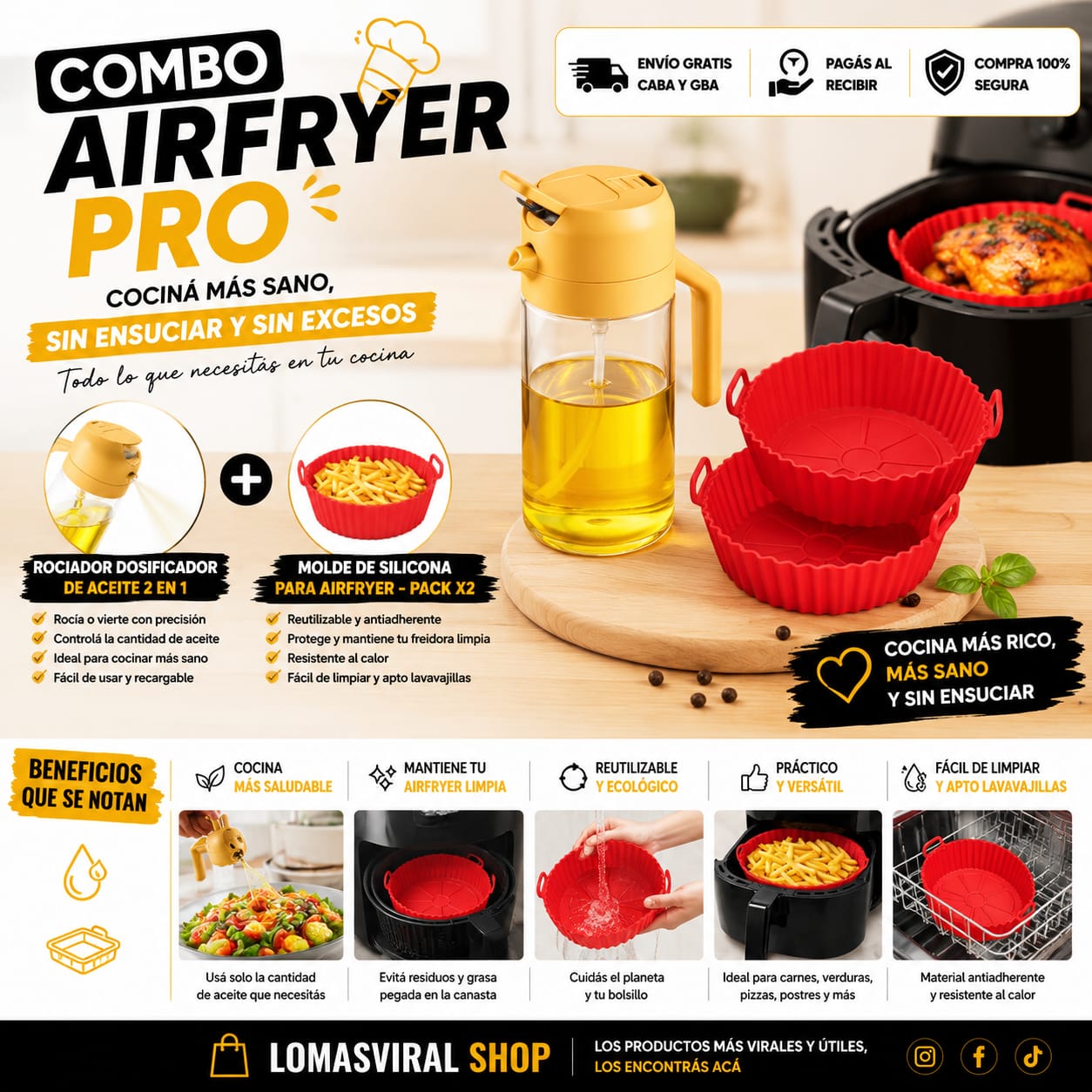 🥗 Combo Cocina Saludable: Rociador de Aceite 2 en 1 + Moldes Airfryer x2
