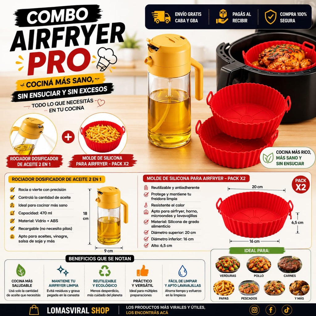 🥗 Combo Cocina Saludable: Rociador de Aceite 2 en 1 + Moldes Airfryer x2