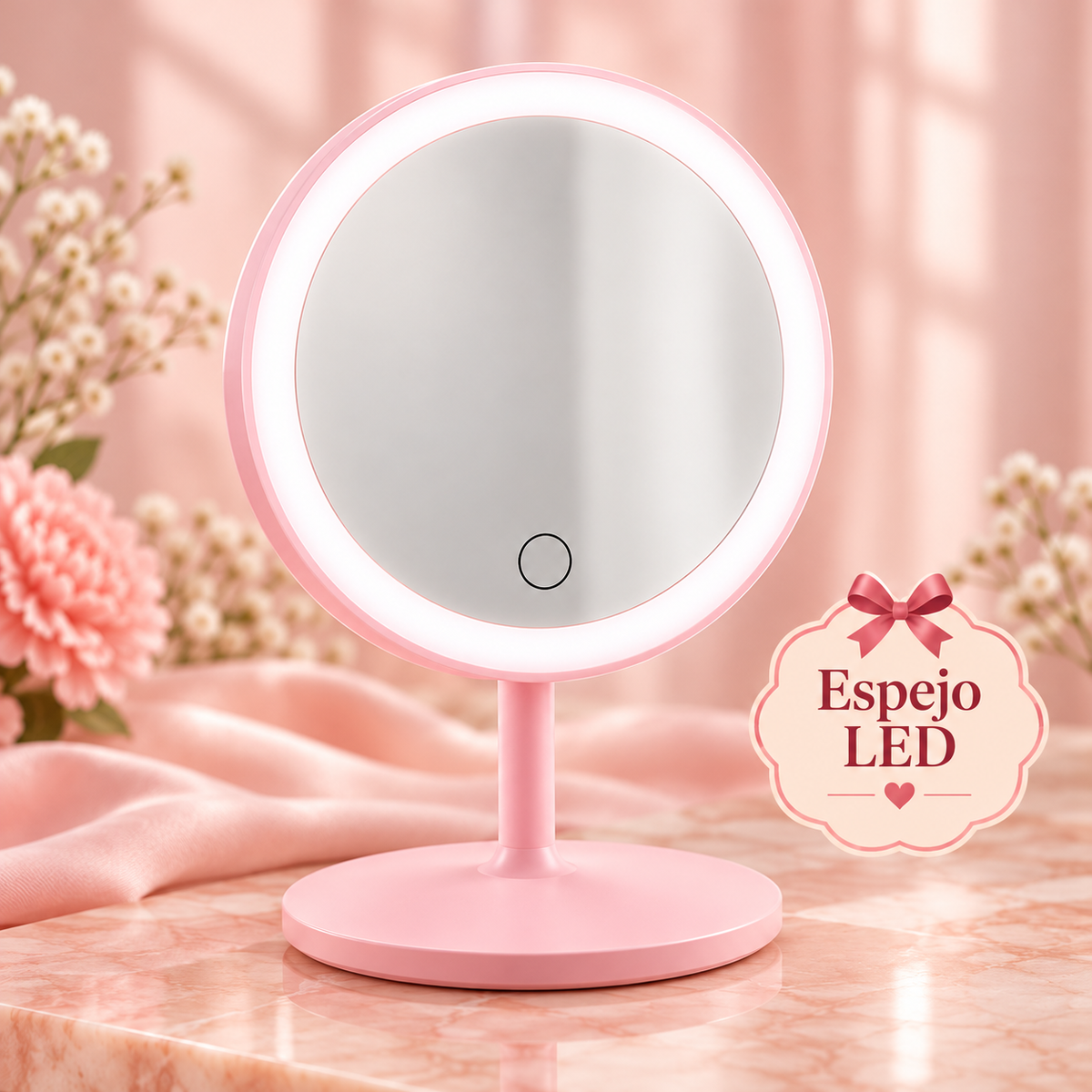 Espejo de mesa rosado con luz LED