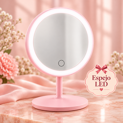 Espejo de mesa rosado con luz LED