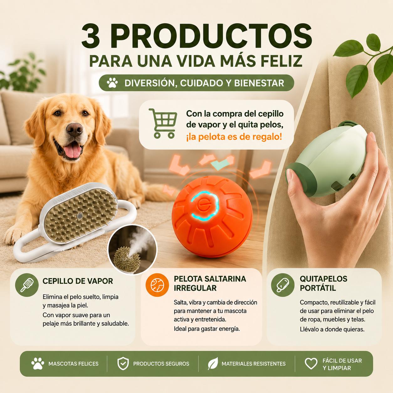 Kit Completo para Mascotas - Cepillo de Vapor + Quitapelos + Pelota Saltarina de Regalo