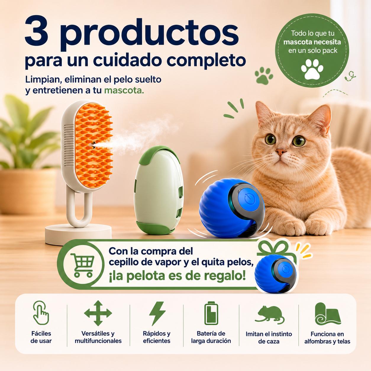 Kit Completo para Gatos - Cepillo de Vapor + Quitapelos Portátil + Pelota Interactiva de Regalo