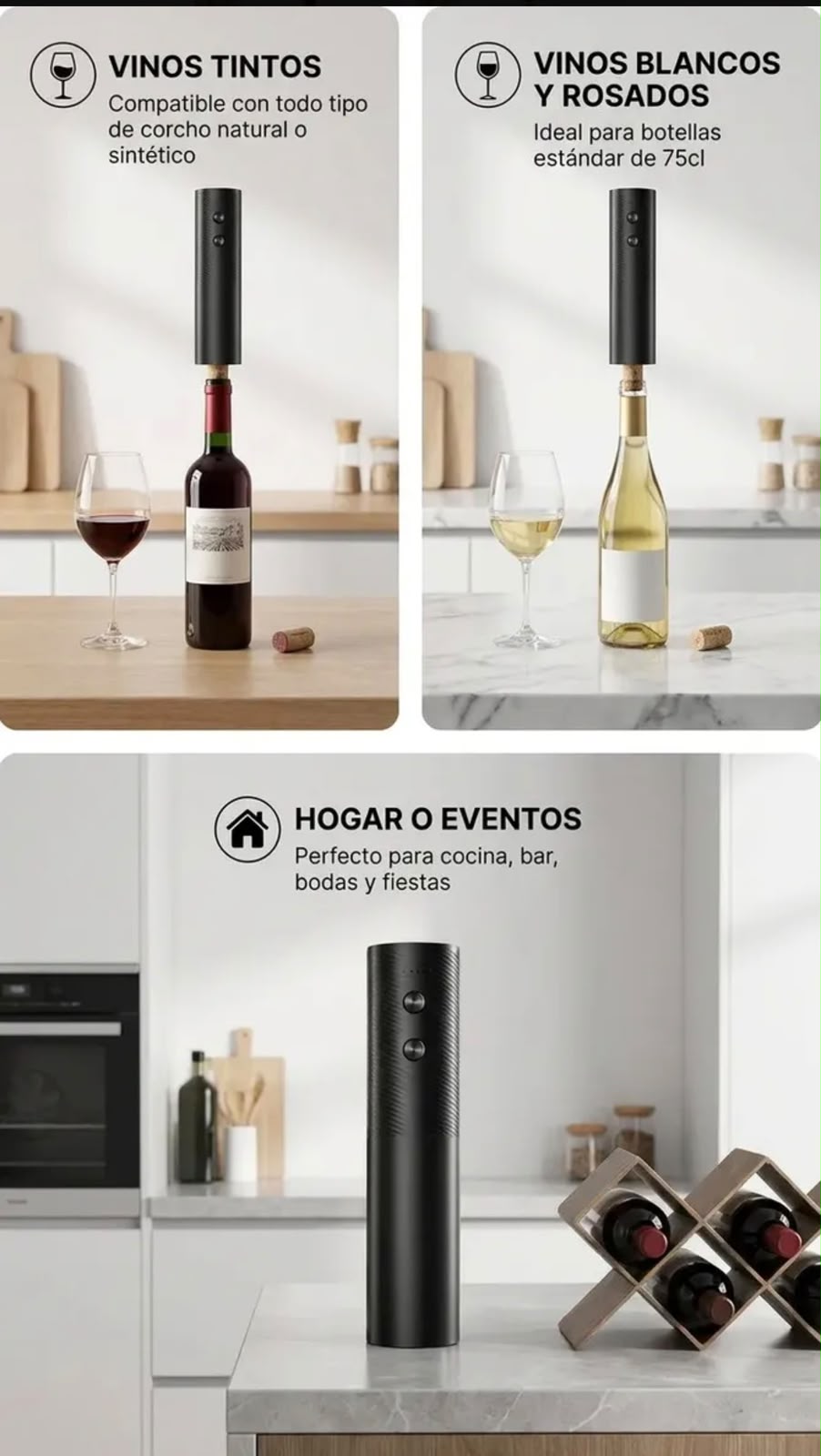 Sacacorcho eléctrico con copa de vino - batería litio recargable