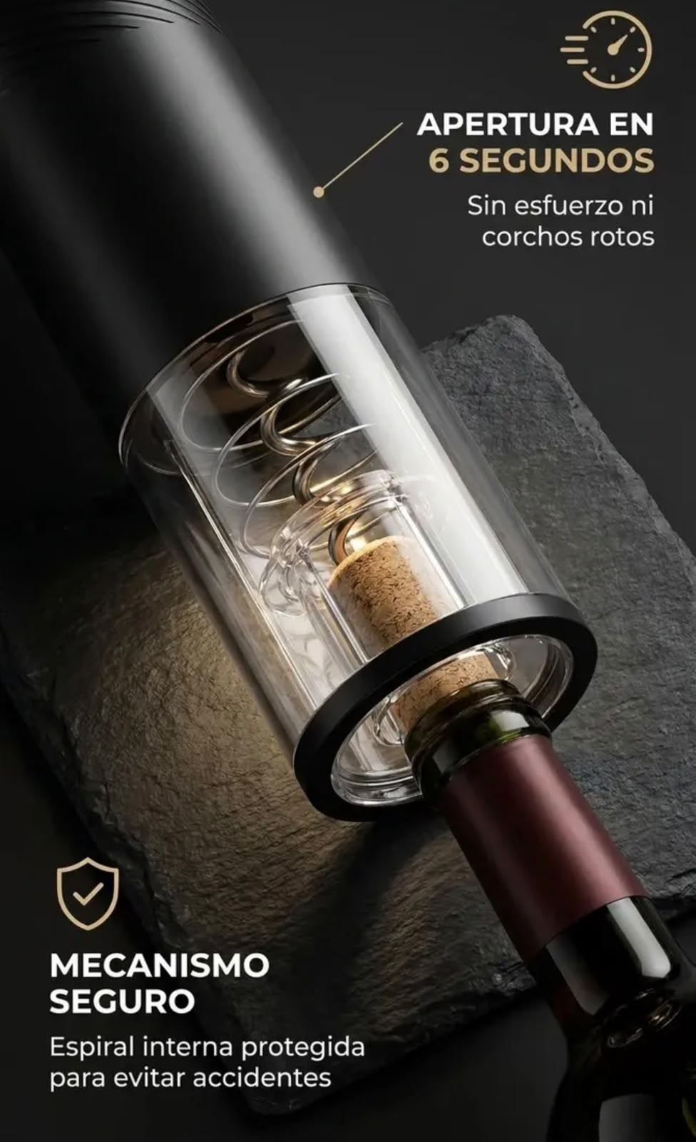 Sacacorcho eléctrico en ambiente elegante con botella de vino