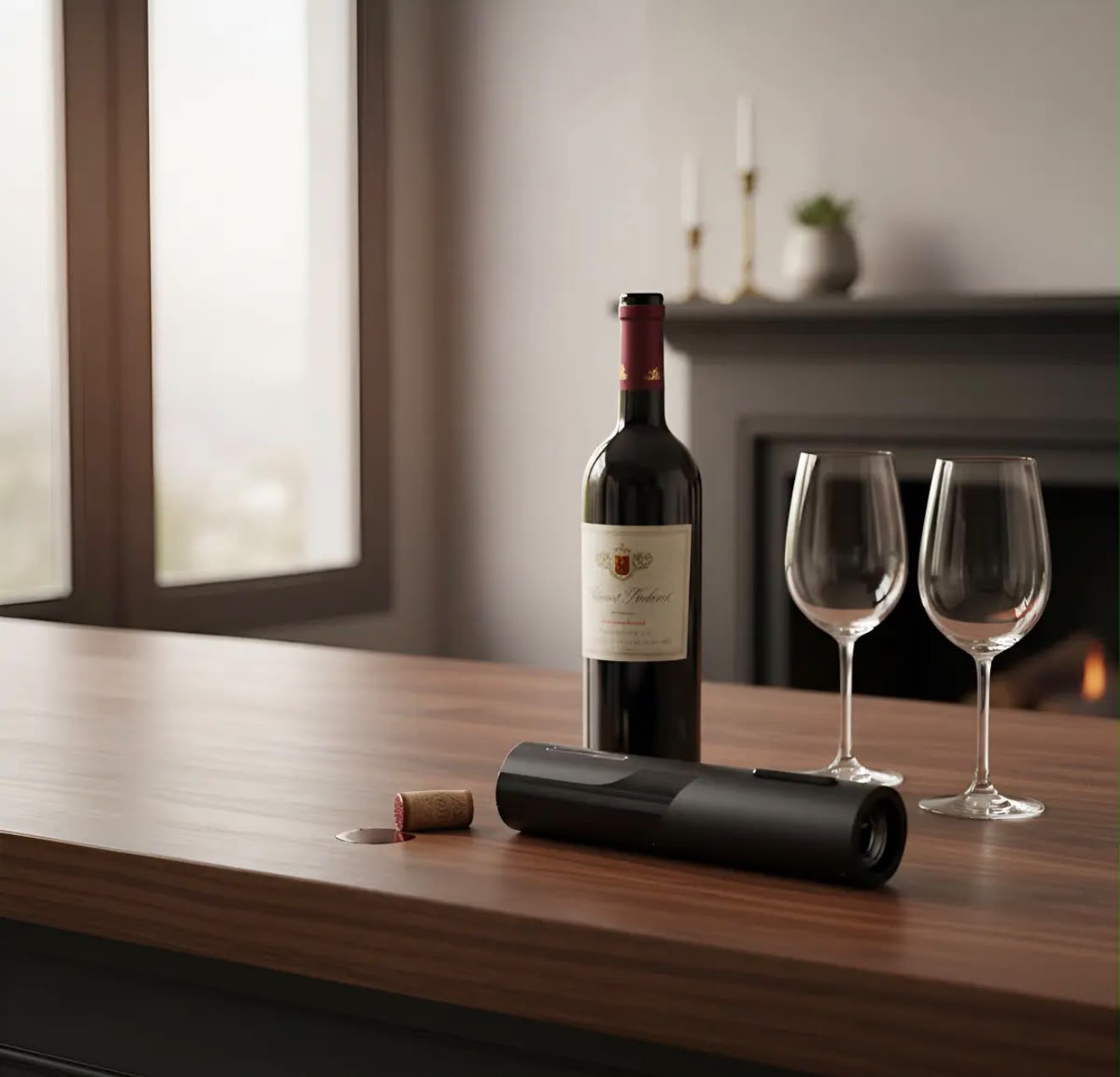 Sacacorcho eléctrico negro sobre mesa de madera con copas