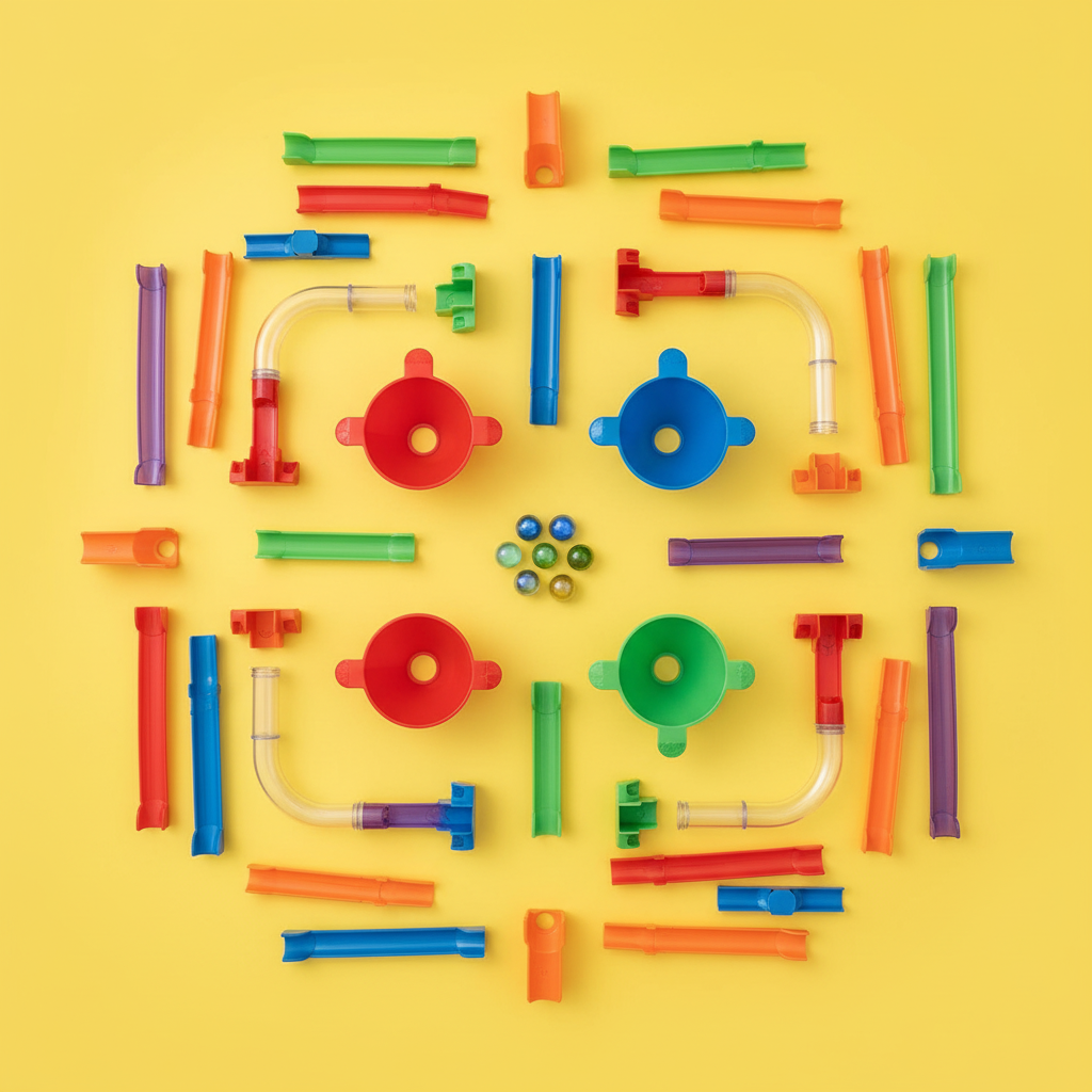 Carrera de bolitas flat lay todas las piezas