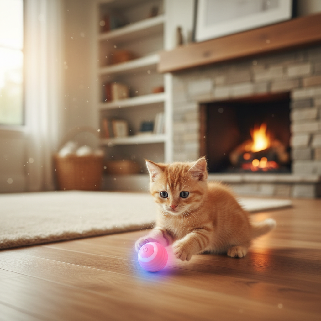 Gatito jugando con pelota interactiva LED